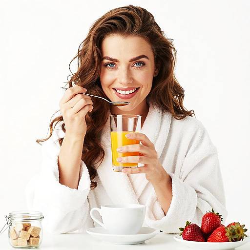Smiling Woman Enjoying Orange Juice and Strawberries