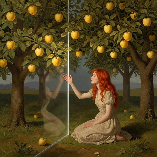 Surreal Woman Beneath Glowing Fruit Trees