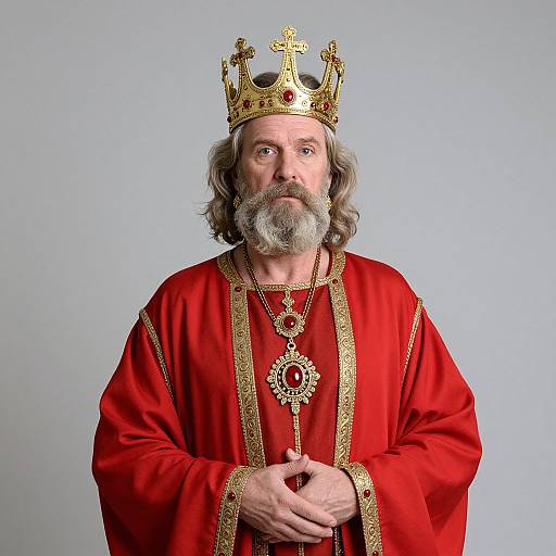 Photograph of a middle-aged white man with a gray beard, wearing a gold crown, red and gold regal robe, and a red pendant,