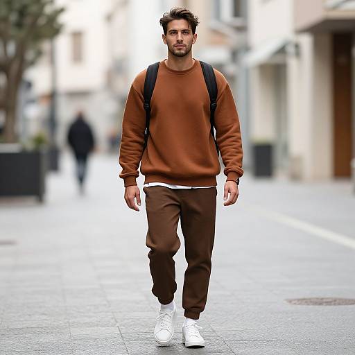 Photograph of a dark-haired man with a beard, wearing a brown sweatshirt, brown pants, white sneakers, and a black backpack, walking down