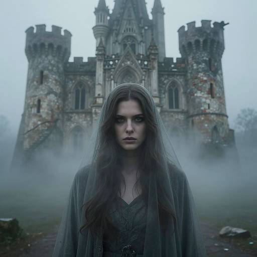 Photograph-style CGI: Gothic, pale young woman with long dark hair and sheer veil, intense gaze, stands before misty, crumbling stone castle with