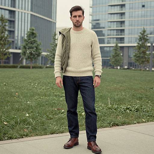 Photograph of a bearded man with short brown hair, wearing a cream knit sweater, olive jacket, dark jeans, and brown shoes, standing on