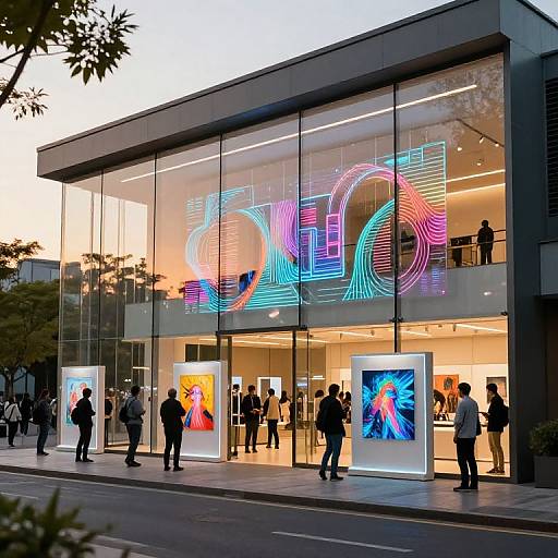 Photograph of a modern, glass-fronted store at dusk with neon 