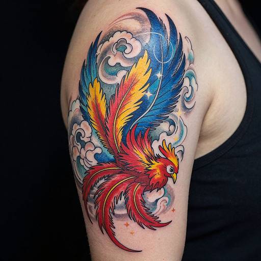 Vibrant tattoo of a fiery phoenix with red, yellow, and blue feathers on a person's upper arm, surrounded by swirling clouds. Photographed