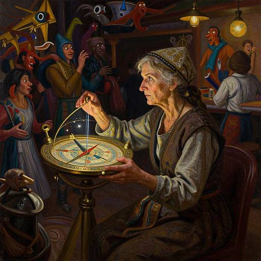 Digital painting of an elderly woman with gray hair, dressed in rustic clothes, adjusting a magical compass surrounded by colorful, animated characters in a dimly lit