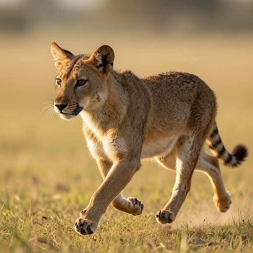 Photograph of a sleek, brown, spotted cheetah running across a sunlit grassy field, with a blurred, golden-hued background.