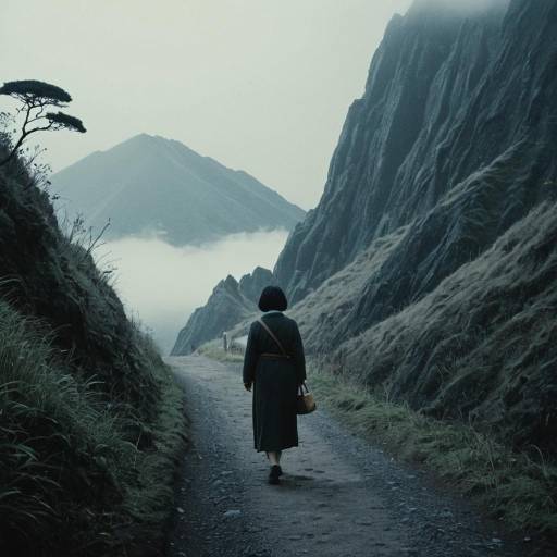 Woman Walking on Foggy Mountain Path