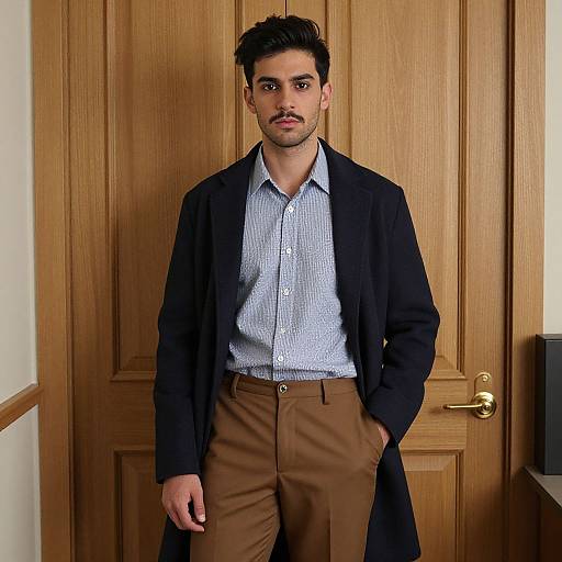 Photograph of a handsome man with dark hair and mustache, wearing a blue checkered shirt, black coat, and brown pants, standing in front