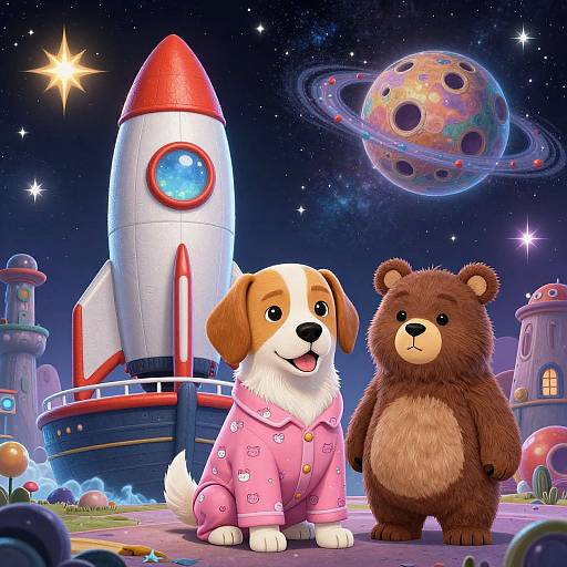 Fantasy Space Adventure with Dog and Bear
