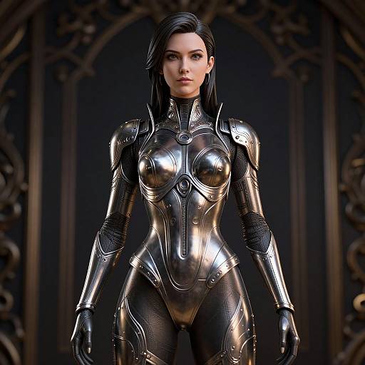Photorealistic CGI of a stern, dark-haired woman in a shiny, silver, form-fitting armored bodysuit, standing against a dark,
