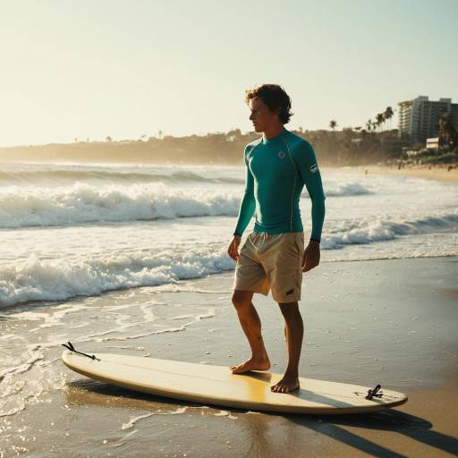 Young Male Surfer Standing on Beach with Surfboard