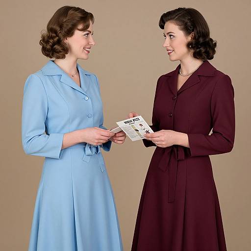 Photograph of two smiling, vintage-style women exchanging a coupon; one in a light blue dress, the other in dark maroon.