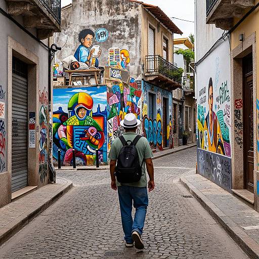 Photograph of a man in a white hat and backpack walking down a cobblestone street lined with vibrant, colorful street art.