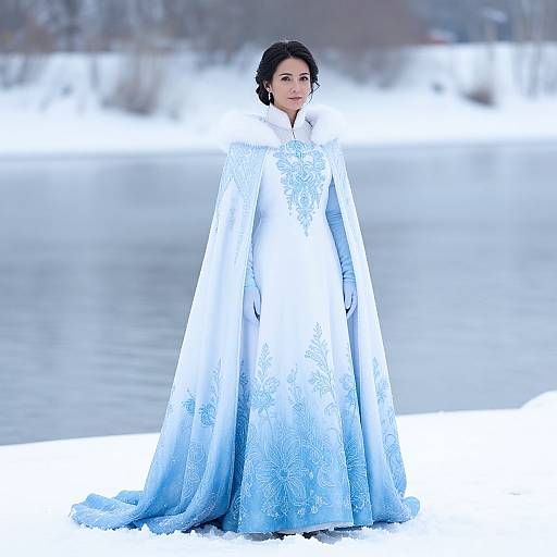 Photograph of a woman in an elaborate, icy blue, snowflake-patterned gown with a fur-trimmed cape, standing on snowy ground by