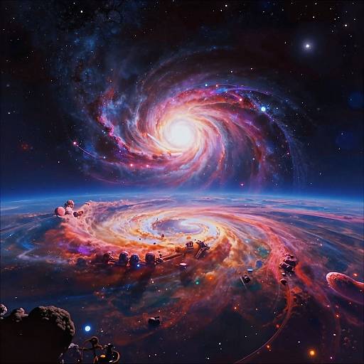 Digital art of a vibrant, swirling galaxy with bright core, colorful nebulae, rocky asteroids, and distant stars against a dark cosmic background.