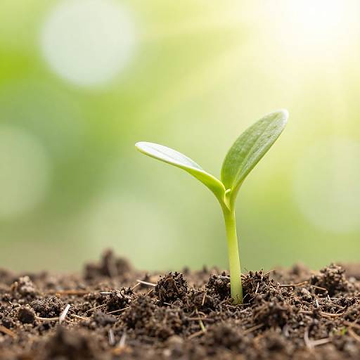 Photograph of a small, green seedling with two leaves emerging from dark, textured soil, set against a bright, blurred green and yellow background.