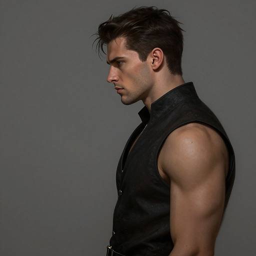 Photograph of a muscular, fair-skinned man with dark, tousled hair, wearing a sleeveless black shirt, facing left against a gray background