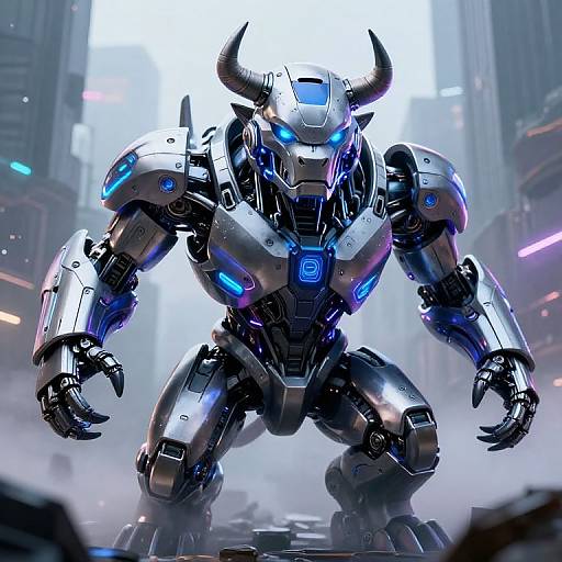 CGI image of a futuristic, silver and blue robotic minotaur with glowing blue eyes and horns, kneeling in a misty, neon-lit