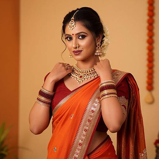 Photograph of a beautiful Indian woman in an orange saree adorned with gold jewelry, traditional makeup, and a bindi, standing against a warm,