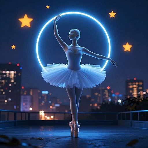 Photograph of a silhouetted ballerina in a white tutu and pointe shoes, illuminated by a glowing blue ring, surrounded by