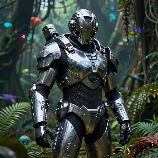 Photorealistic CGI of a silver, futuristic armored warrior standing in a lush, vibrant forest with glowing mushrooms and ferns.