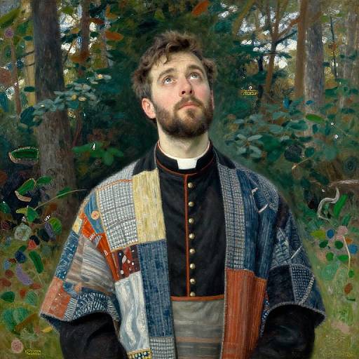 Photorealistic painting of a bearded man with curly hair, wearing a patchwork quilted jacket over a black, buttoned shirt, standing in