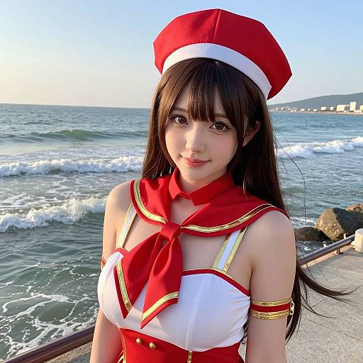 Photograph of an Asian woman with long black hair in a red and white sailor-style costume, red hat, and gold trim, standing by a rocky
