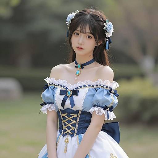 Elegant Woman in Flower-Decorated Dress