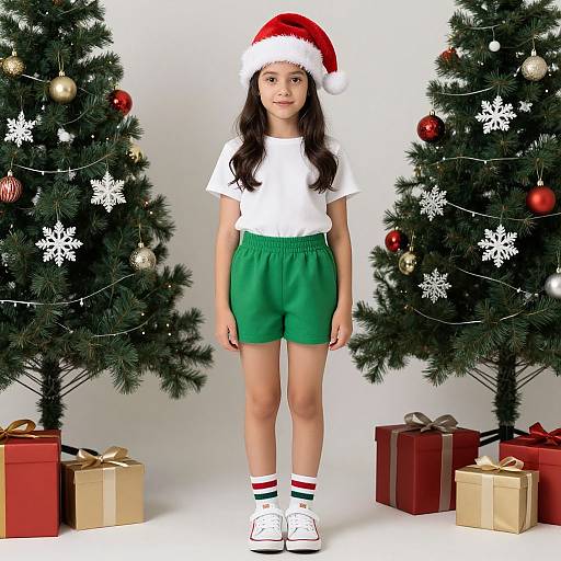 Photograph of a young girl with long dark hair, wearing a Santa hat, white t-shirt, green shorts, white socks, and white sneakers,