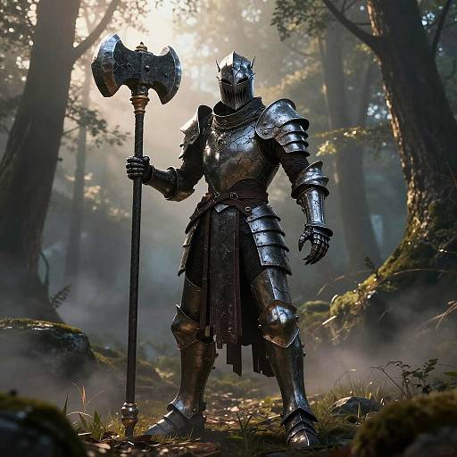 Photorealistic digital art of a medieval knight in full silver armor, holding a massive double-headed axe, standing in a misty forest.