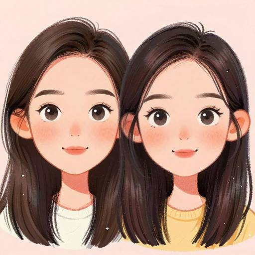 Digital anime-style drawing of two smiling young Asian women with black hair, large brown eyes, and fair skin, wearing white and yellow tops.