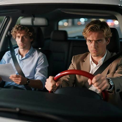 Nighttime City Drive with Two Men