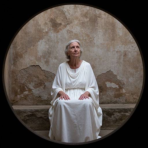 Photograph of elderly woman with white hair, wearing white robe, sitting against worn, textured wall, framed in circular black border.