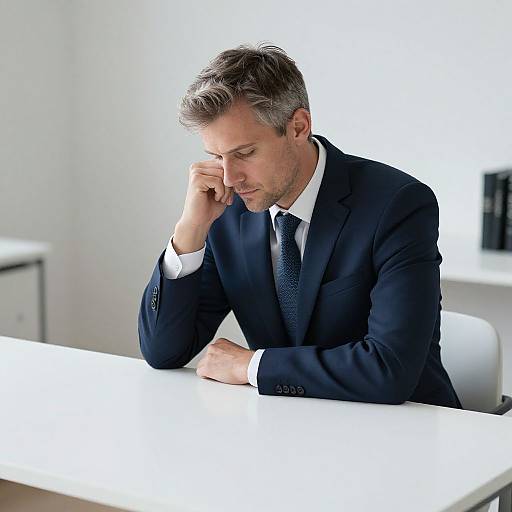 Photograph of a serious, middle-aged man with gray hair in a dark suit, white shirt, and black tie, resting his head on his hand
