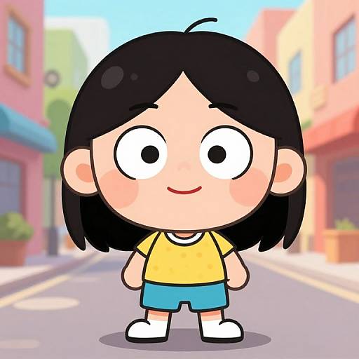Cartoon-style drawing of a smiling girl with black hair, wearing a yellow shirt and blue shorts, standing on a sunny street with pink buildings.