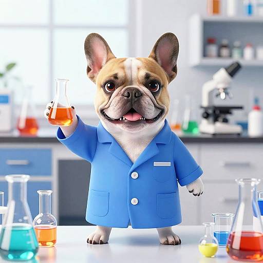 Cute digital illustration of a small French Bulldog wearing a blue lab coat, holding a glass of orange liquid, standing in a bright, modern laboratory