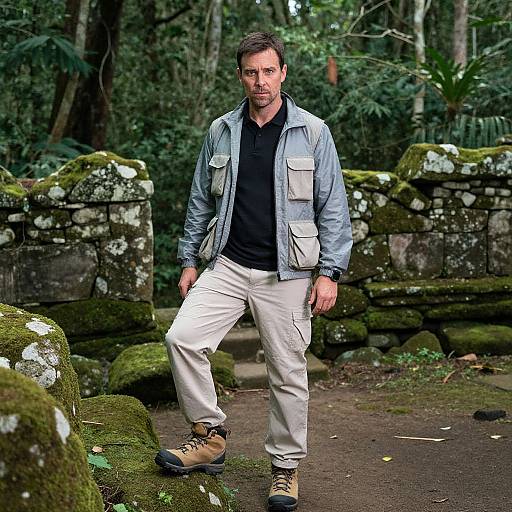 Photograph of a bearded man in a light blue jacket, black shirt, white pants, and tan boots, standing in a mossy forest path
