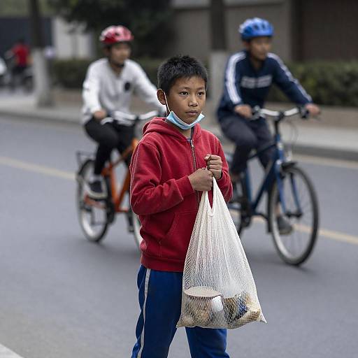 Young Boy in Hoodie with Street Scene