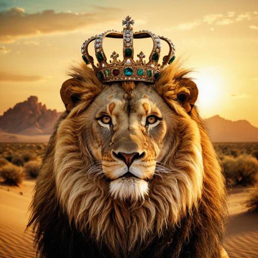 Regal Lion with Jewel Crown at Sunset