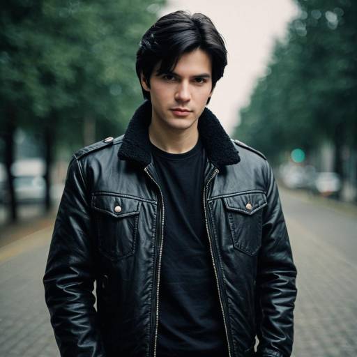 Young man in black leather jacket outdoors
