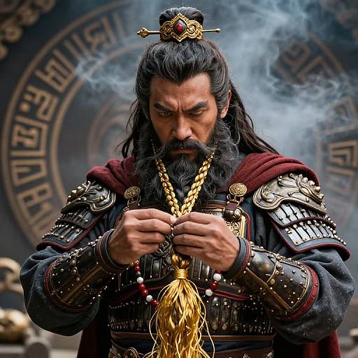 Photorealistic digital artwork of a stern, bearded Asian warrior with long black hair, wearing ornate gold and black armor, smoking incense,