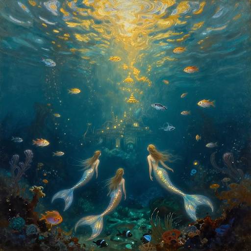 Digital painting: Three ethereal mermaids with glowing tails swim through a sunlit, underwater scene filled with colorful fish and coral, with a distant,