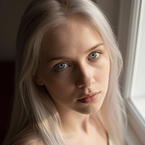 Photograph of a young woman with long, platinum blonde hair, blue eyes, and fair skin, illuminated by soft natural light from a window.