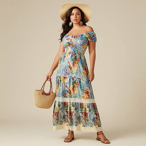 Photograph of a curvy woman with medium brown skin, wearing an off-shoulder floral dress, straw hat, hoop earrings, and brown sandals