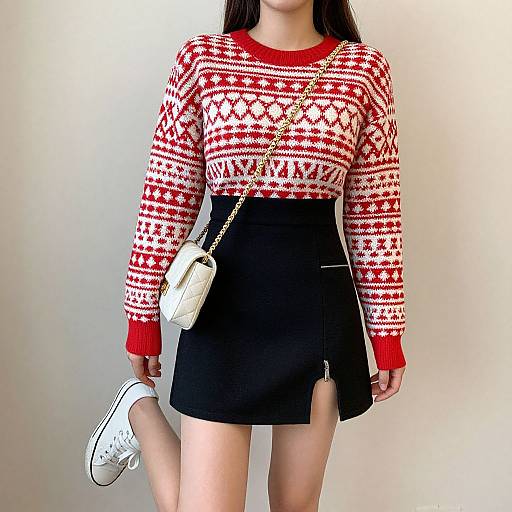 Photograph of a woman with long dark hair, wearing a red-and-white Nordic pattern sweater, black high-waisted skirt, white sneakers, and