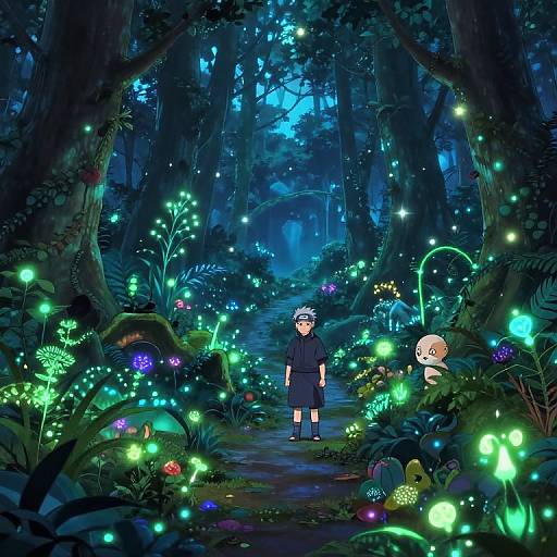 Digital anime-style forest scene at night with glowing mushrooms, fireflies, and two characters: a boy in a dark outfit and a small, smiling creature