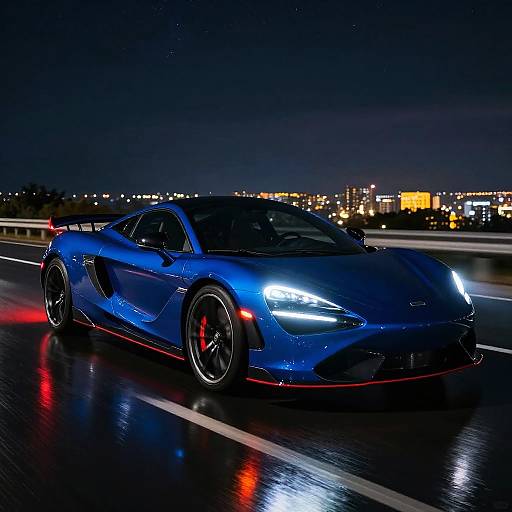 Photograph of a sleek, blue sports car with glowing headlights and red accents driving on a wet road at night, with a city skyline illuminated in the