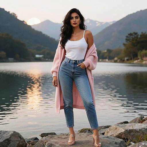 Photograph of a curvy woman with long black hair, wearing a white tank top, high-waisted blue jeans, pink cardigan, and