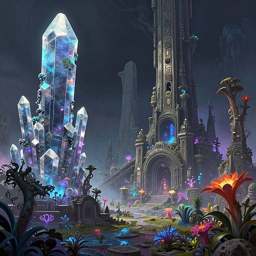Digital fantasy artwork of a glowing, crystal-filled night garden with bioluminescent flowers, ancient, glowing stone archways, and towering structures.