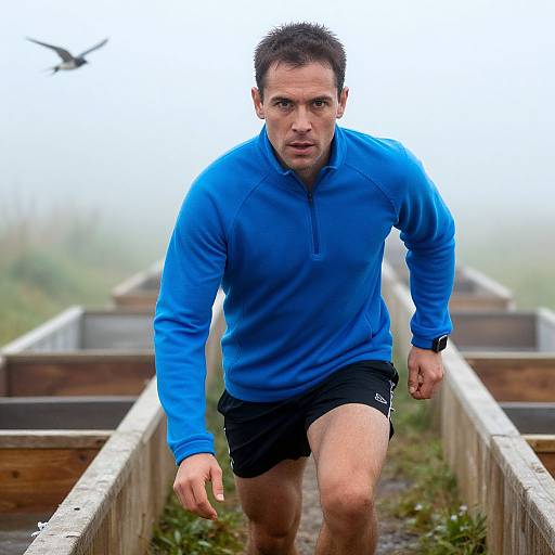 Photograph of a determined man in a blue hoodie and black shorts running on a foggy wooden staircase, with a bird flying in the background.